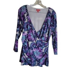 ELlE faux wrap v neck ruched floral print 3/4 sleeve top size XL